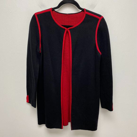 Chicos Womens Black Red Knit Stretch Hook Front Long Line Cardigan Sweater S - Picture 1 of 6